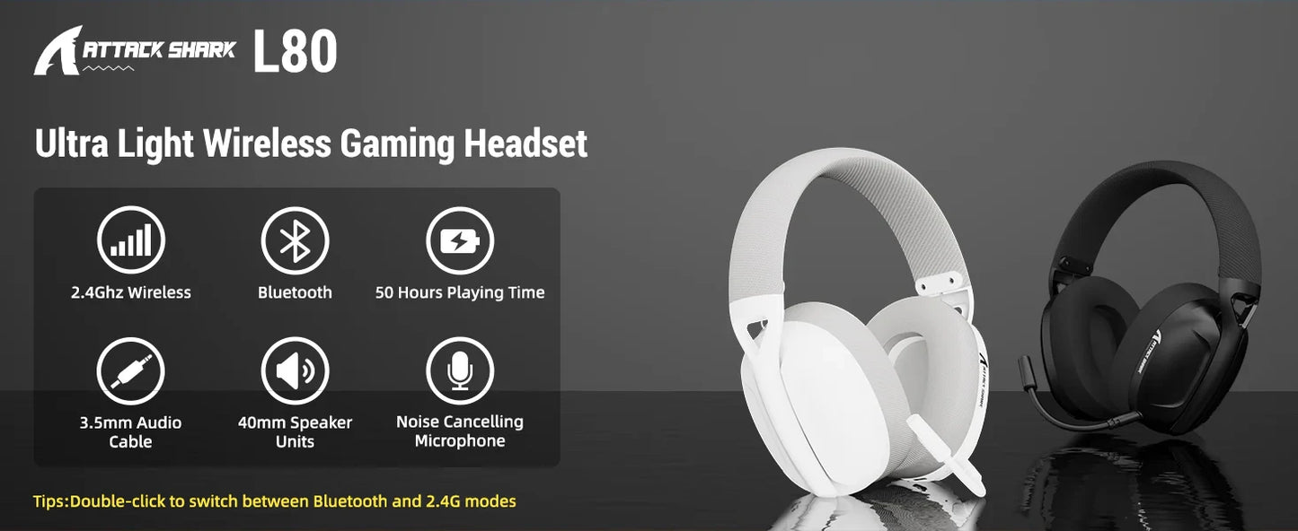 ATTACK SHARK L80 Ultra-Light Tri-Mode Gaming Headset – Wireless & Wired for PC, PS4, PS5, Switch & Xbox
