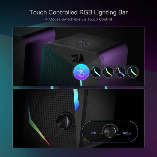 Touch-controlled RGB lighting bar with switchable modes and volume controls on a dark background.