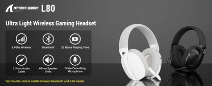ATTACK SHARK L80 Ultra-Light Tri-Mode Gaming Headset – Wireless & Wired for PC, PS4, PS5, Switch & Xbox