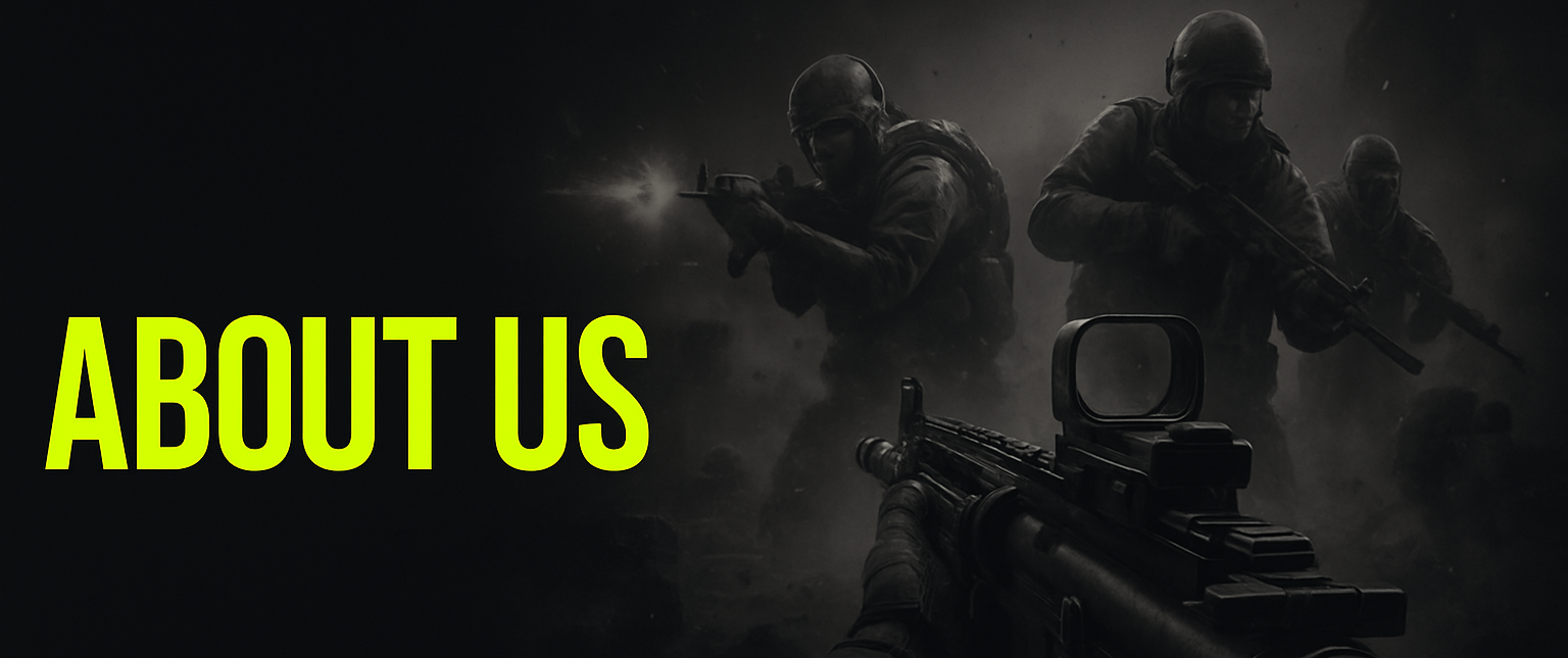 'About Us' In colour #E3FC02, on the left hand side of the screen. The background colour behind the text should be colour #1F1F21. On the right side of the screen there should be a shooting style gameplay image, like call of duty. It should be blended in with the background though