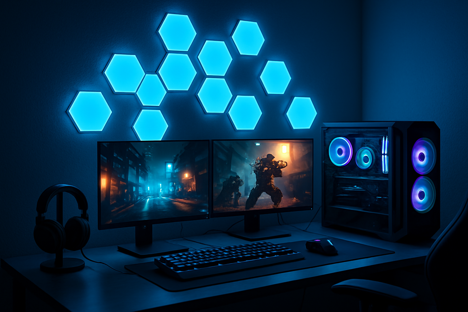 Gaming Set-up with LED Wall Mounted Hexagon Lights in blue