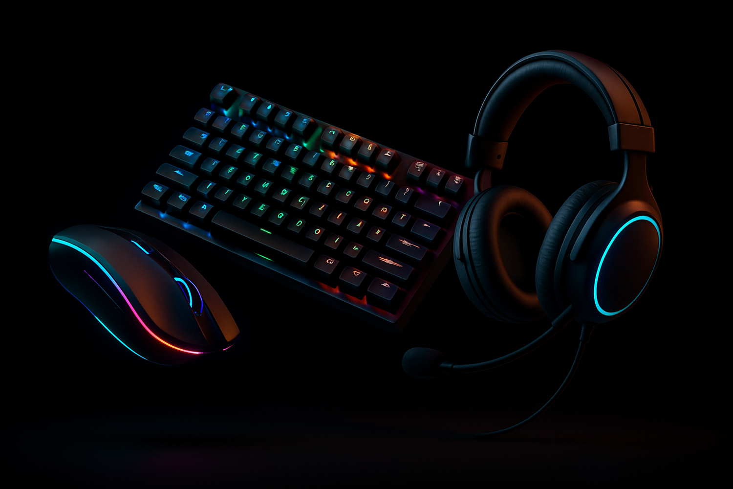 On a black background create an image that resembles floating gaming accessories: a gaming mouse, keyboard and headset